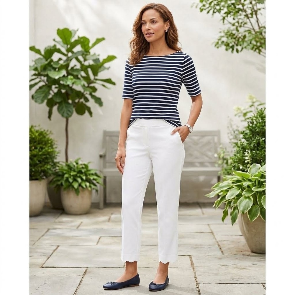 NWT Talbots Chatham Crop Pants Womens Size 2 Petite White Scalloped Hem Stretch